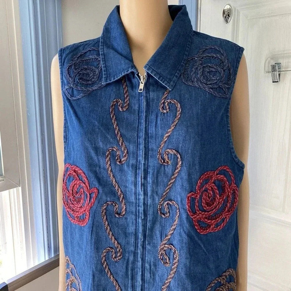 VTG Y2K Bobbie Brooks Denim Artsy Embroidery Sleeveless Full Zip Shirt Women L - Picture 5 of 6